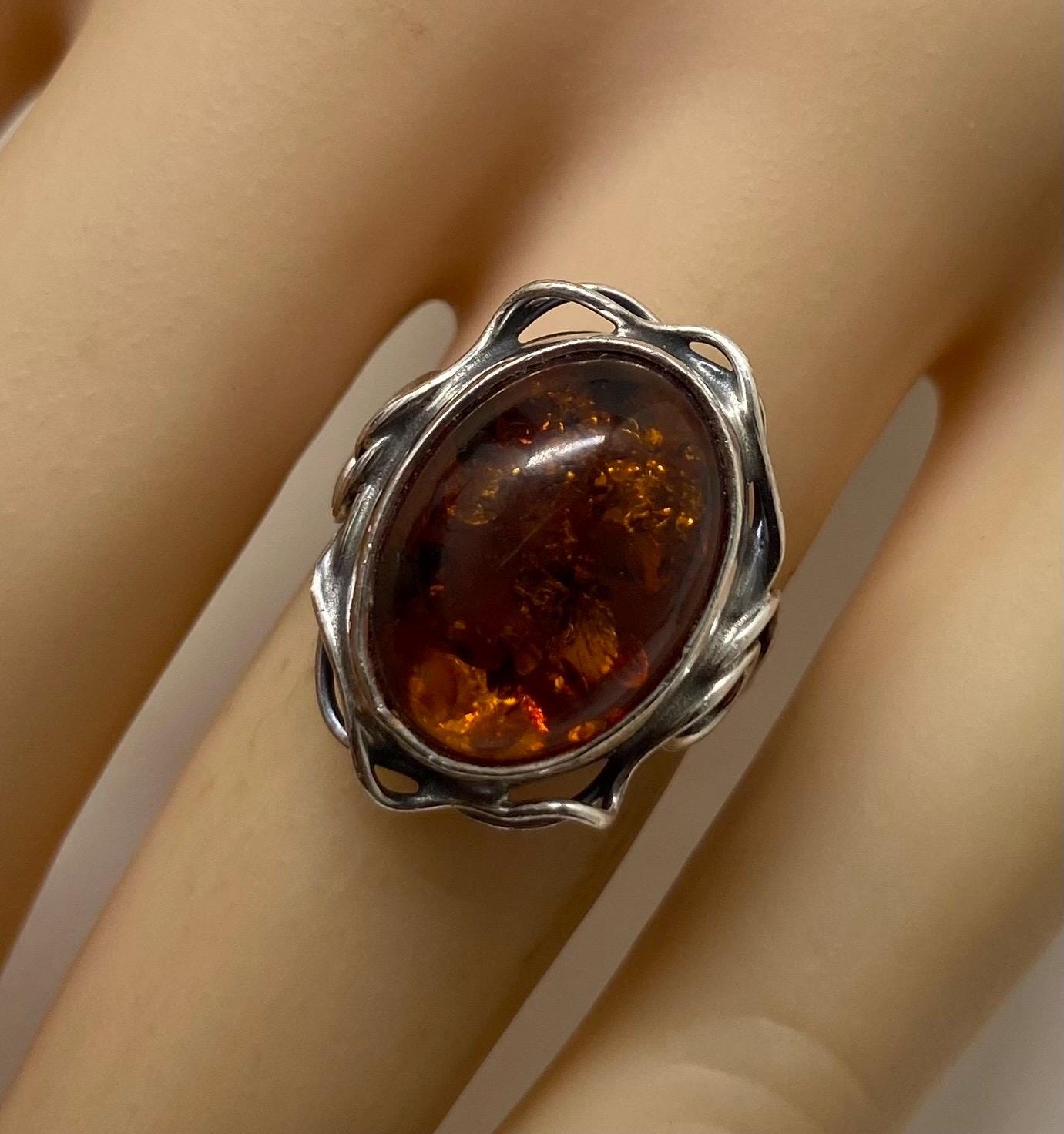Bague Ancienne Art Déco En Argent 925 - Cabochon Ambre Orange - Taille 64