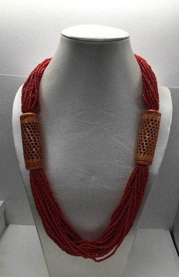 Vintage Art Deco Red Coral Multi Strand and Bone C