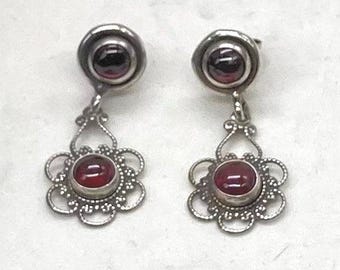 Vintage Sterling Red Garnet Cabochon Drop Earrings