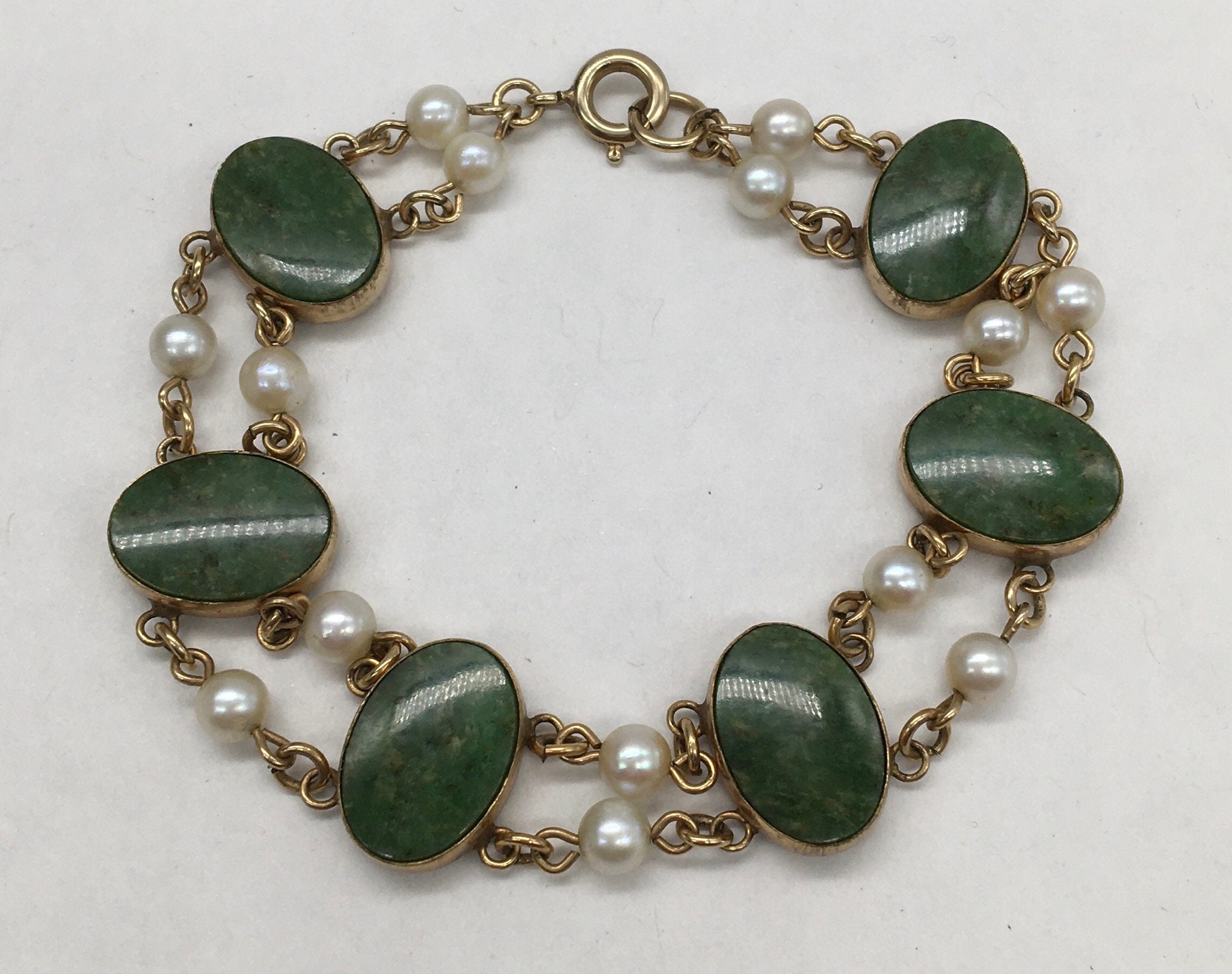 Vintage 12k Gf Jade & Pearl Bracelet - Etsy