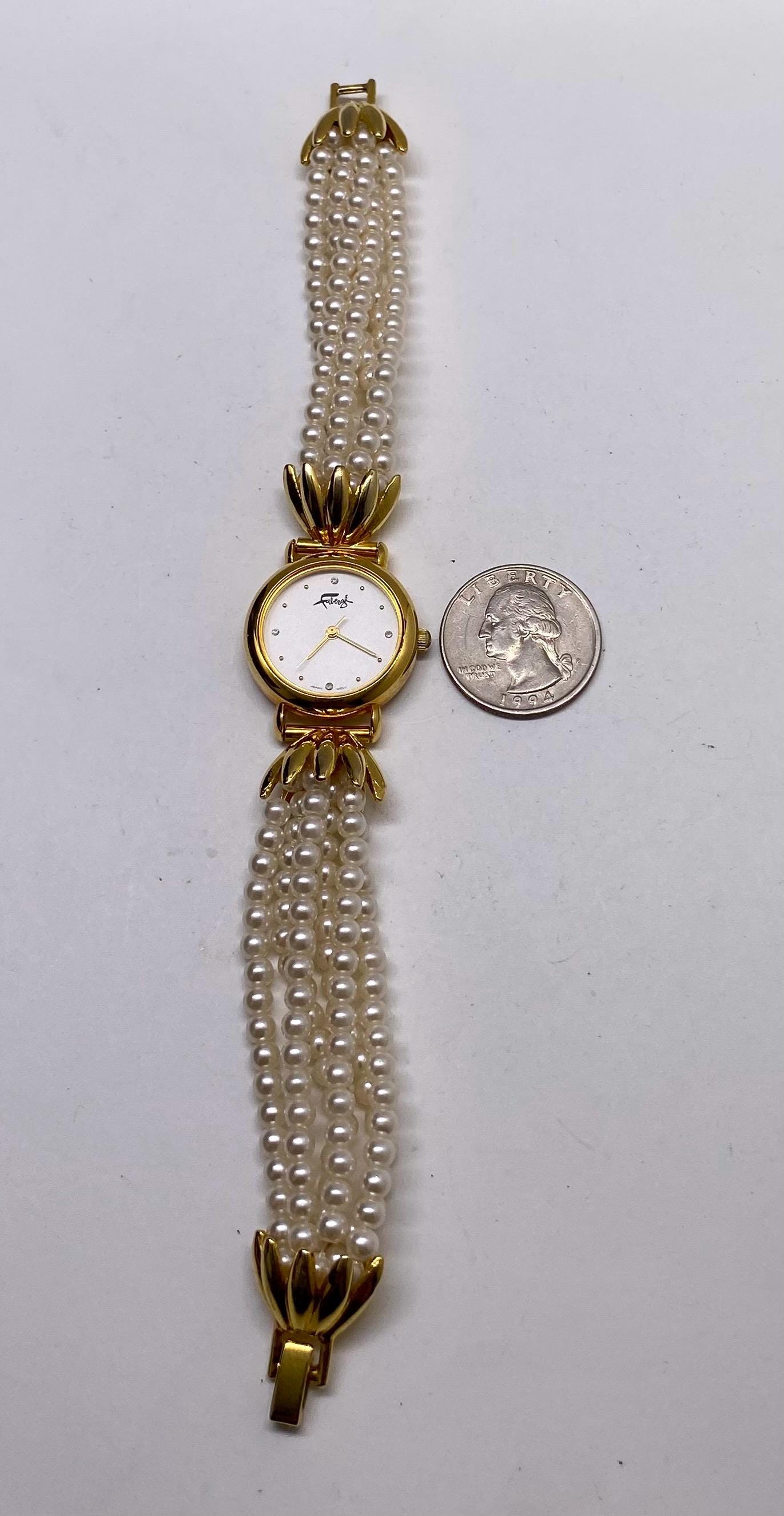 FABERGÉ RARE VINTAGE WOMEN\'S GOLD‑TONE PEARL‑BEADED QUARTZ WATCH – JAPAN MOVT Vintage Faberge Ladies Womens Watch Wristwatch For Parts or  main image 2