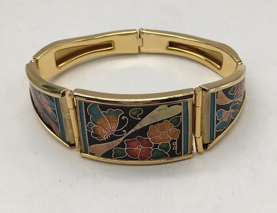 Vintage Cloisonné butterfly & flower bracelet - image 1