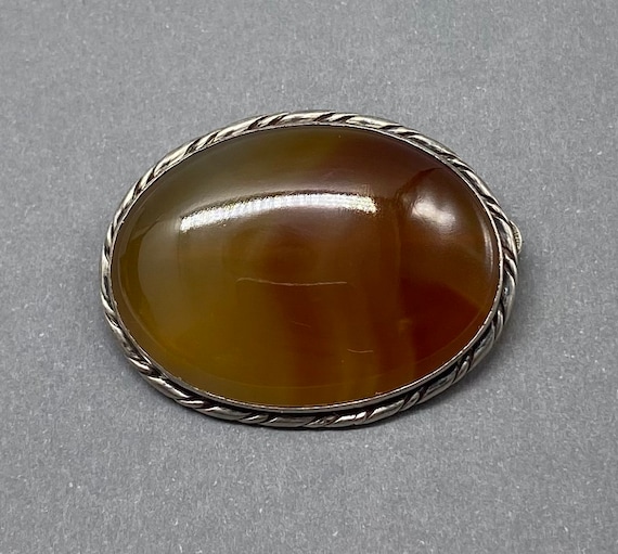 Vintage Art Deco Sterling Silver Huge Carnelian Agate Stone Brooch
