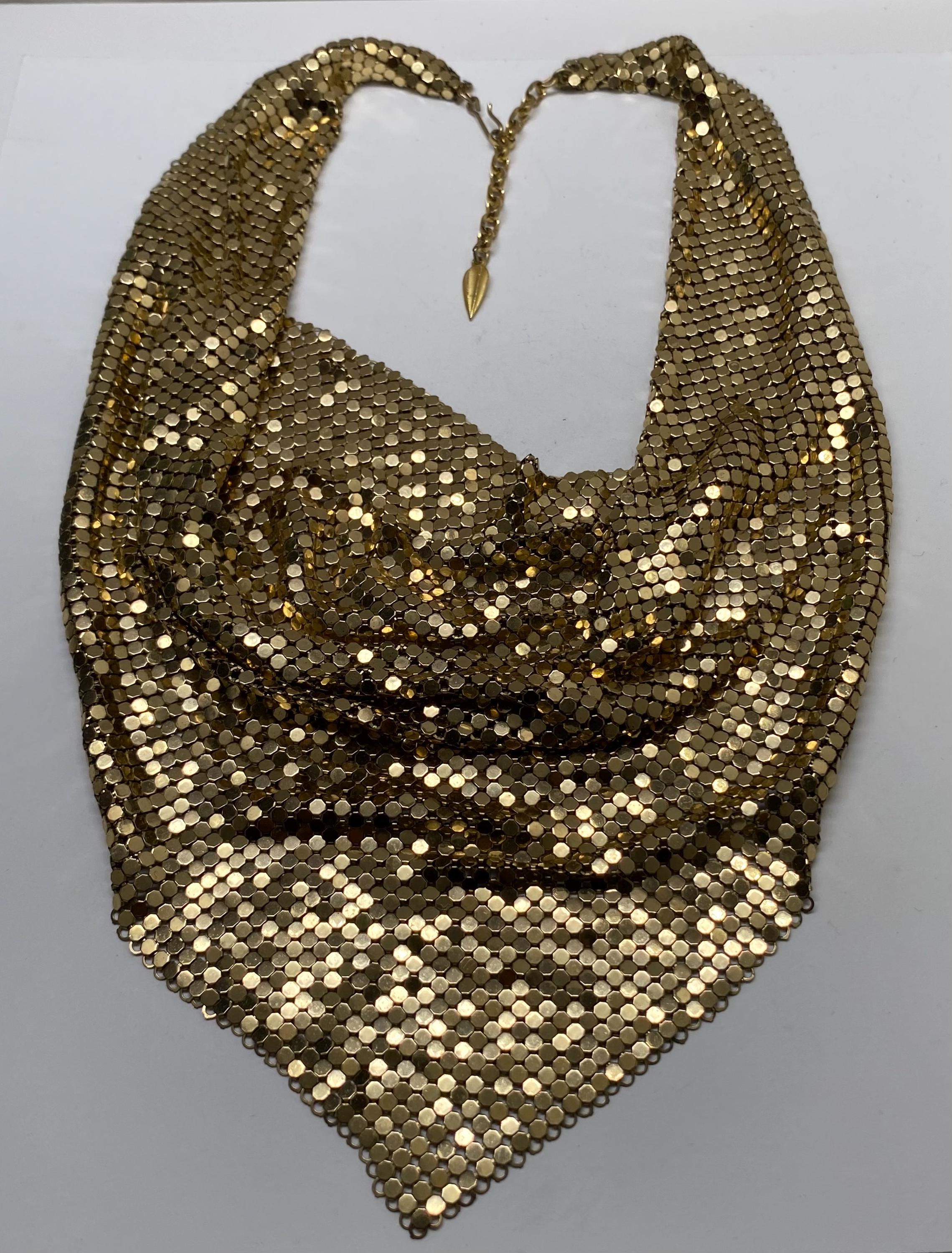 1970s Whiting & Davis Shimmering Gold Tone Mesh Bib Necklace