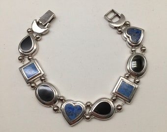 Vintage Art Deco Sterling Silver Lapis Lazuli & Onyx Slide Charm Bracelet