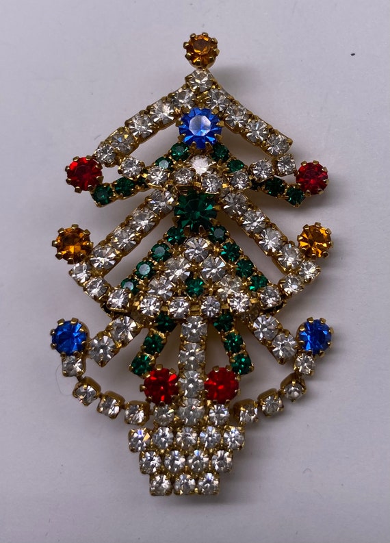 Vintage Christmas Tree Brooch with Multi Color Rh… - image 1