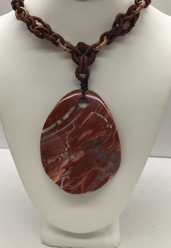 Vintage carved red jasper stone pendant necklace