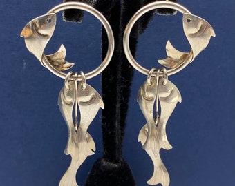 Boucles d'oreilles pendantes vintage Art déco en forme de poisson en argent sterling