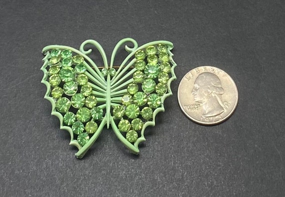 Vintage Green Butterfly Brooch with Rhinestone Cr… - image 2