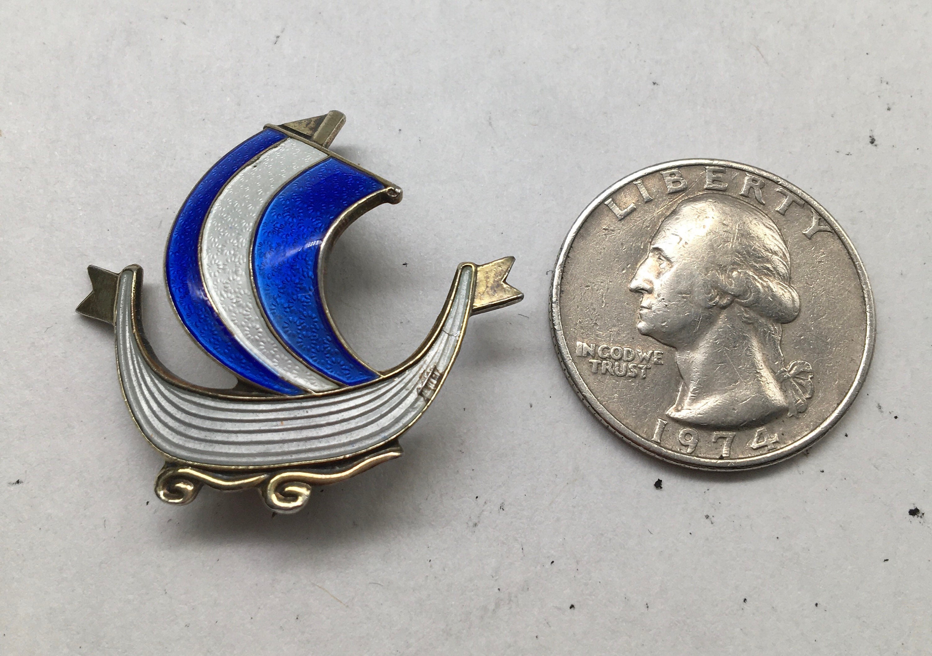 Vintage Aksel Holmsen Sterling & Guilloche Enamel Viking Ship Boat