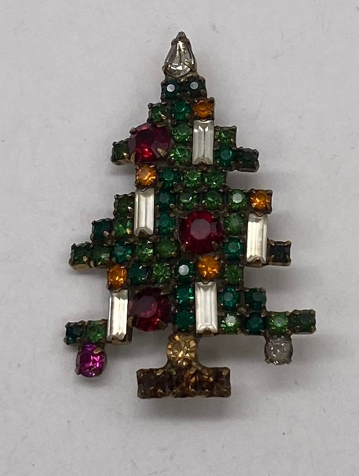 USA WEISS ヴィンテージブローチ Xmas Tree 5Candles Signed Weiss Christmas, Tree Brooch Five Baguette Candles, Book
