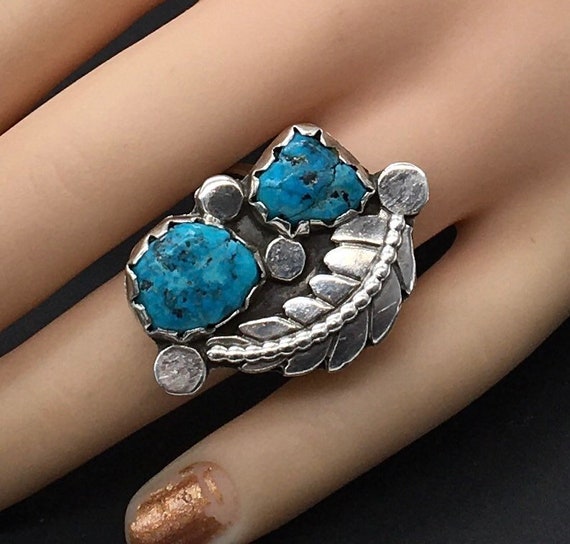 Old Pawn Navajo Turquoise Sterling Silver Ring Si… - image 2
