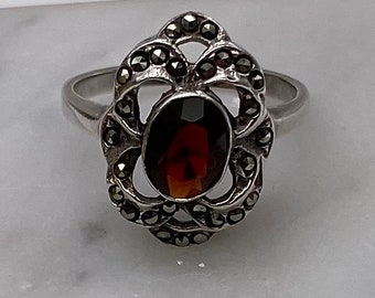 ガーネット、マーカサイト（黄鉄鉱）、オニキス、シルバーリング 16773