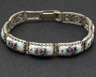Vintage Art Deco French Enamel Flower Silver Link Bracelet