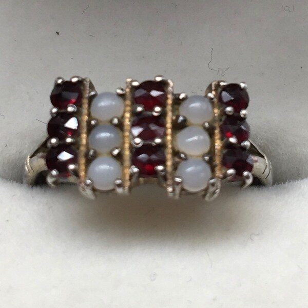 Antique Bohemian Garnet & Moon Stone 900 Silver Ring