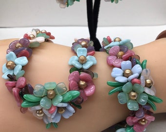 Antique Gripoix Poured Glass and Pearl Rousselet Flower Necklace, Bracelet & Earring Set