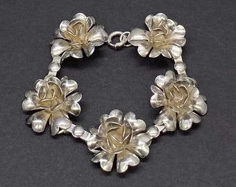 Pulsera de eslabones con flores grandes en plata de ley estilo art déco vintage