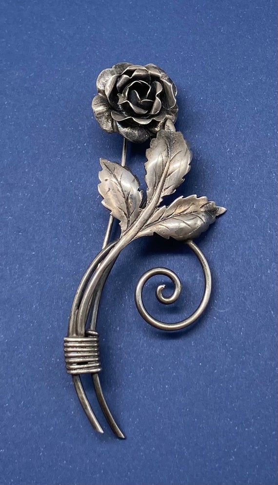 Vintage Art Deco Sterling Silver Rose Flower Brooc