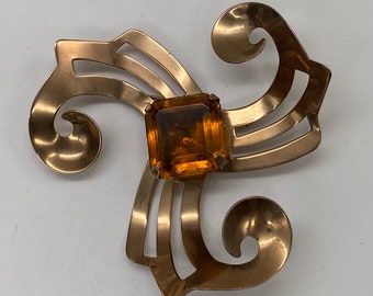 Broszka Vintage Art Deco z dużym cytrynowym szkłem w stylu modernistycznym, pozłacana, oversize