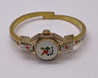 Vintage Swiss Lucerne Mechanical Watch, Hand Painted Flower Enamel, Peek A Boo Dial