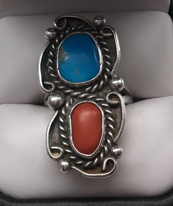 Old Pawn Sterling Silver Native Turquoise & Coral… - image 2