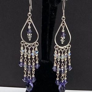 Sterling Silver & AB Purple Crystal Chandelier Dangle Earrings