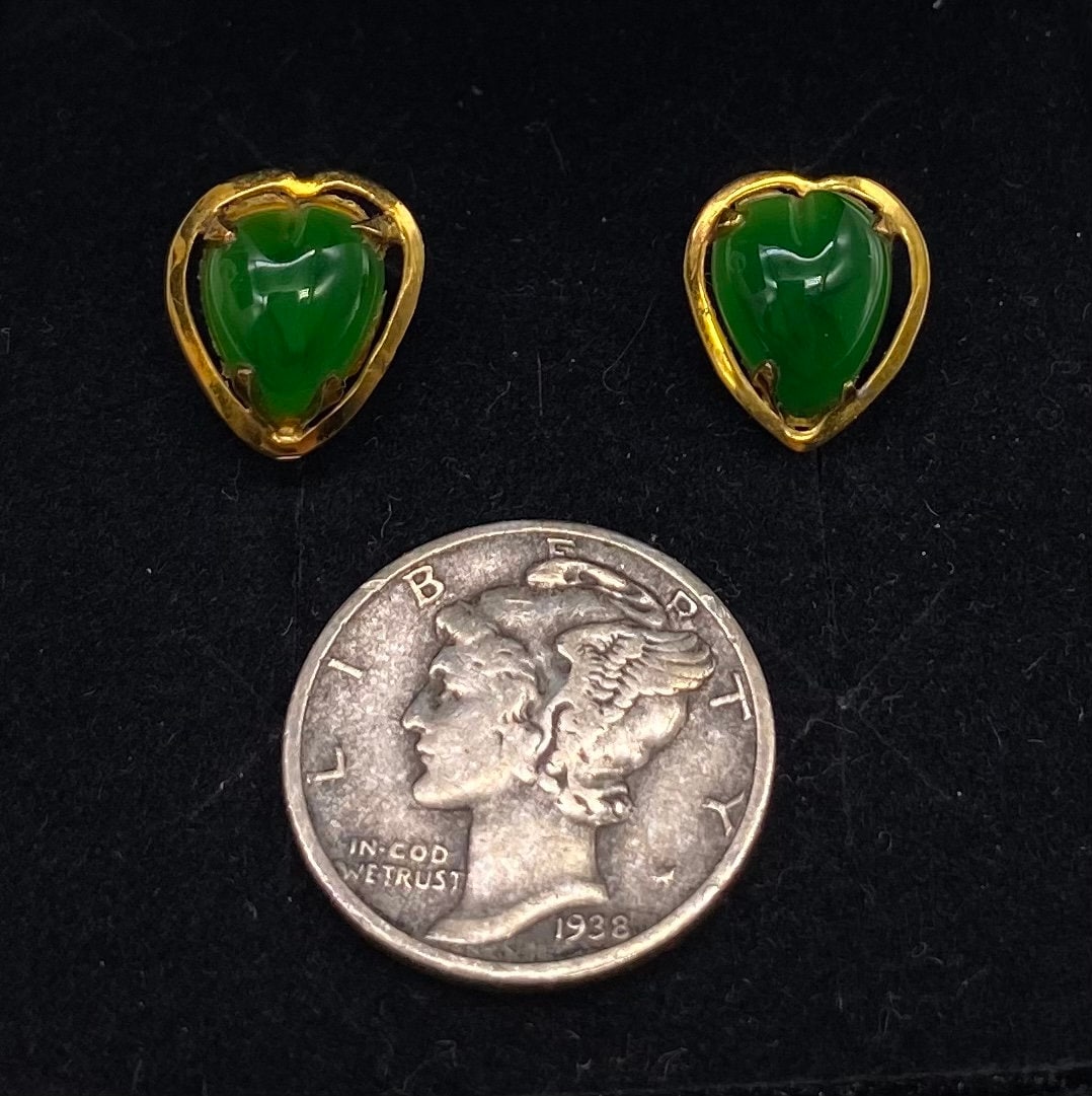 Boucles D'oreilles Anciennes Plaqué Or Avec Jadéite Ovale Véritable - Style Art Déco