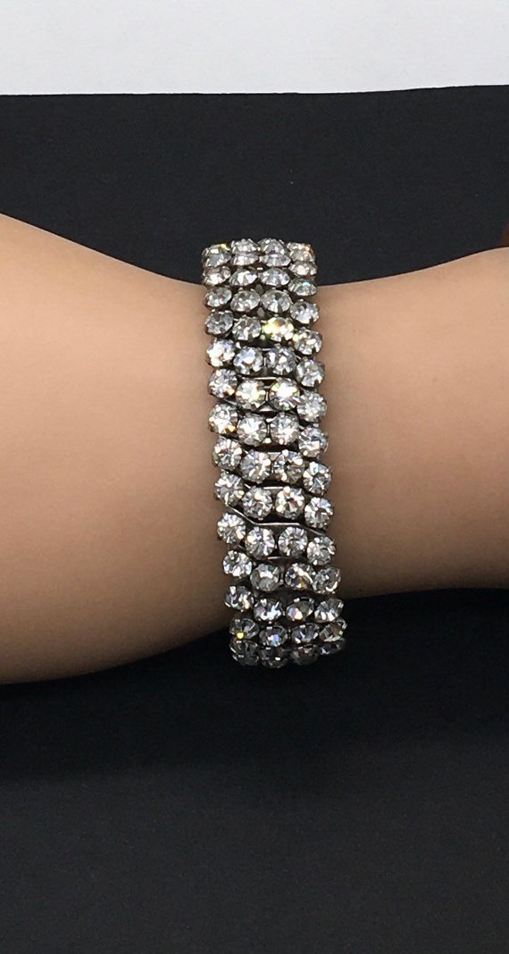 Vintage Silver tone Rhinestone Stretchy Bracelet - image 2