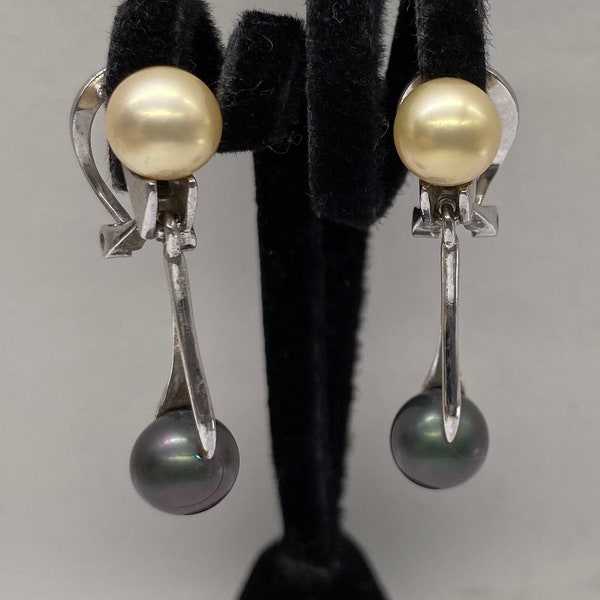 Vintage Art Deco Sterling Pearl Modernist Drop Earrings