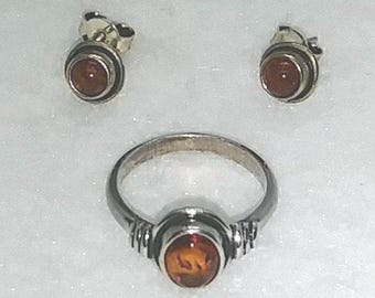 Vintage baltic amber sterling jewelry set ring & earring
