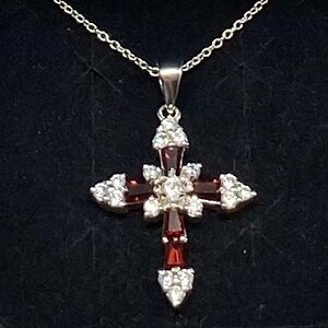 Sterling Silver Garnet CZ Cross Pendant Necklace