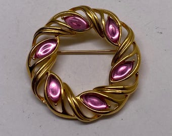Vintage Trifari Gold and Pink Jelly Belly Wreath Brooch