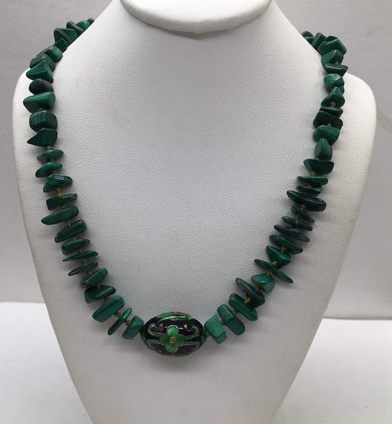 Vintage Malachite & Cloisonné Pendant Necklace - image 1