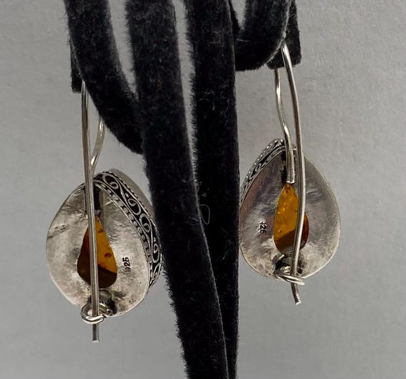 Orecchini Pendenti In Argento Sterling 925 E Ambra Baltica - Design Art Déco A Goccia, Gioielli Fatti A Mano, Idea Regalo