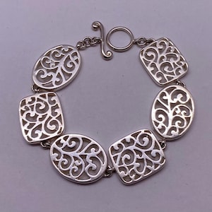 Vintage 925 Sterling Silver Scroll Square & Oval Link Bracelet