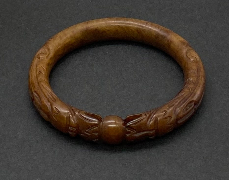 Bracelet Jonc Ancien Décoré Fleurs Dragons & Paons En Laque Chinoise - Ivoire, Occasion