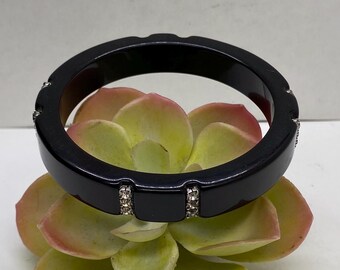 Pulsera vintage Art Déco de baquelita negra con diamantes de imitación