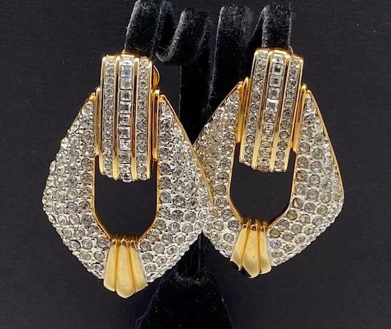 Vintage Swarovski Crystal Pave Door Knocker Gold Tone Chunky Clip Earrings
