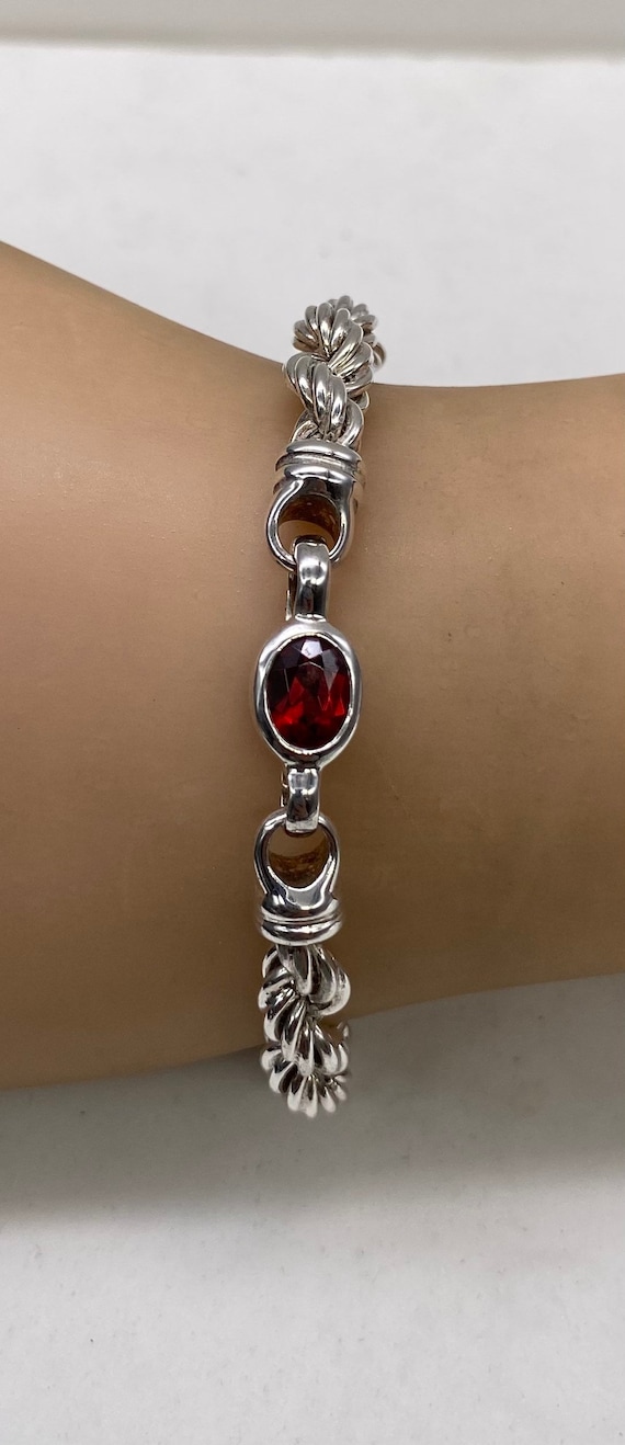 Vintage Sterling Silver Garnet Rope Chain Bracelet - image 2