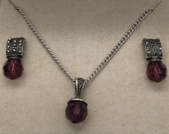 Vintage Sterling Faceted Amethyst & Marcasite Stone Necklace Earring Set