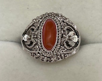 Bague Ancienne En Argent Avec Corail - Taille 62, Belle Pièce Vintage à Porter