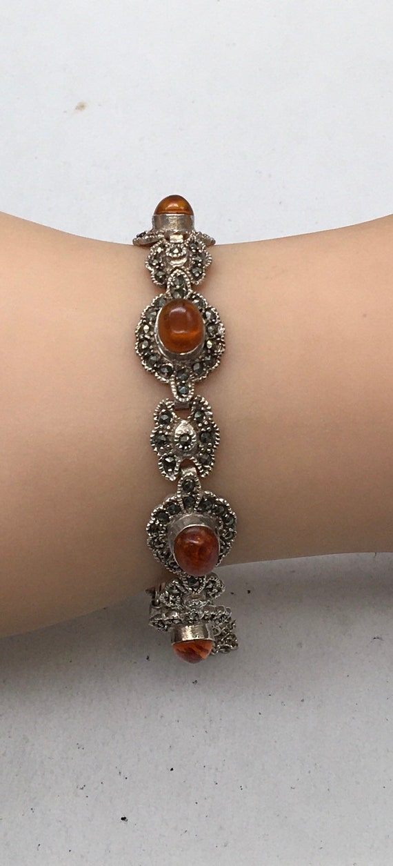 Vintage Sterling Silver Marcasite & Amber Cabocho… - image 3