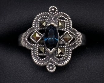 Vintage Sterling Silver Marcasite & Sapphire Crystal Ring Size 8