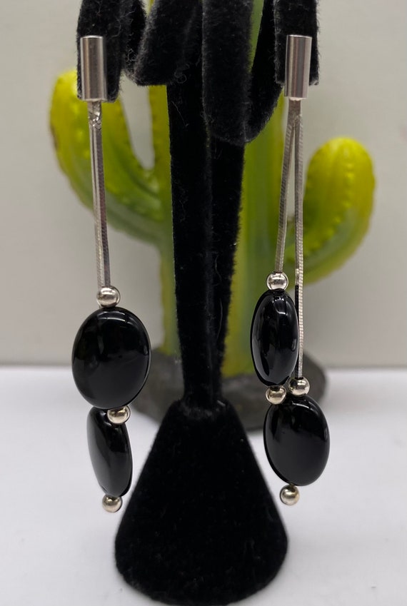 Vintage Sterling Silver Black Onyx Drop Earrings