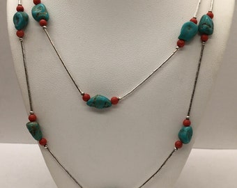 Vintage Turquoise & Red Coral Sterling Silver Necklace