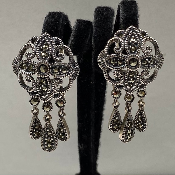 Vintage JJ Judith Jack Sterling Silver Marcasite Dangle Earrings