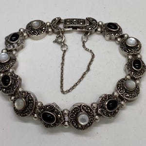 Vintage Art Deco Sterling Black Onyx Marcasite MOP Slide Charm Bracelet