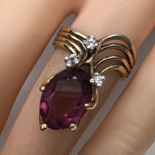 Vintage Art Deco Panetta Ring Gold Over Sterling Amethyst CZ Brutalist Ring