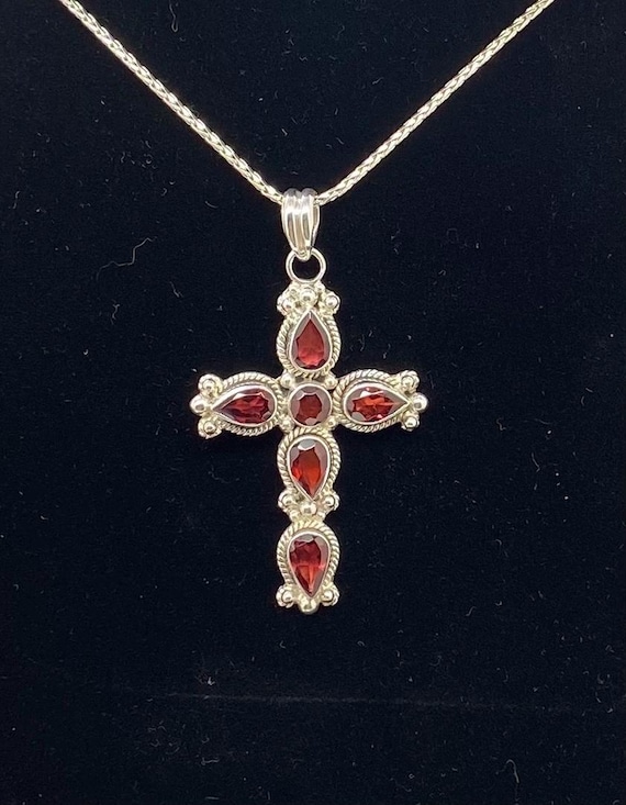 Vintage Sterling Silver & Garnet Cross Pendant Necklace