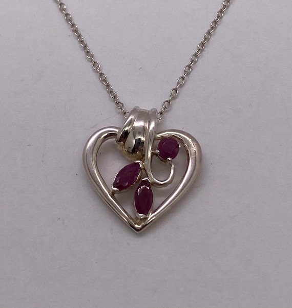Vintage Sterling Silver & Ruby Stone Heart Pendan… - image 1